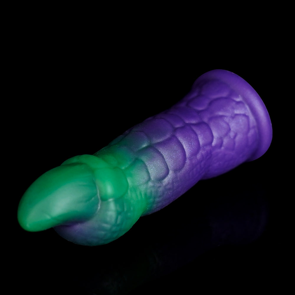 WAT'S FINGER COTS fantasy finger sleeves with sculpted creature-inspired texture - green and purple textured sleeve side view